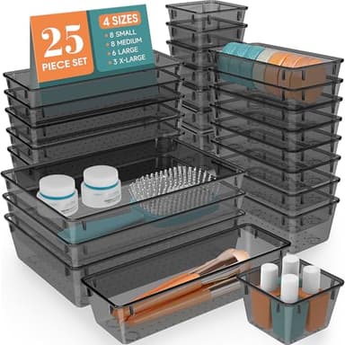 WOWBOX 25 PCS Plastic Drawer Organizer Set, Desk Drawer Divider Organizers and Storage Bins for Makeup, Jewelry, Gadgets for Kitchen, Bedroom, Bathroom, Office, Black - Image 1