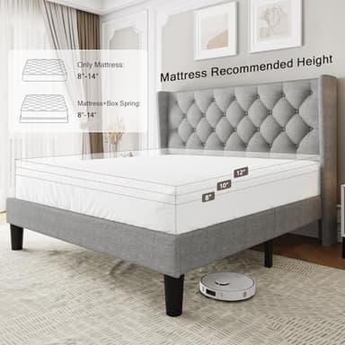 Einhomn Full Size Upholstered Bed Frame with Wingback Headboard, Fabric Linen Platform Bed, 8" Under Bed Storage, Wooden and Metal Slats Support, No Box Spring Needed, Light Grey - Image 5