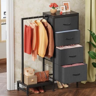 HIGDBFE Dresser with Hanging Rack, 4 Drawers Small Closet for Bedroom, Reversible Fabric Chest of Drawers with Clothes Rack, Tall Storage Tower, Sturdy Frame, Grey, 44''H - Image 2