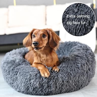 Round Calming Dog Beds for Medium Dogs 30 Inches Anti-Slip Donut Washable Plush Faux Fur Pet Bed fits up to 45 lbs Pets,Dark Gray - Image 5