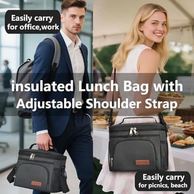 ExtraCharm Insulated Lunch Bag for Women/Men - Reusable Lunch Box for Office Picnic Hiking Beach - Leakproof Cooler Tote Bag Organizer with Adjustable Shoulder Strap for Adults - Black - Image 6