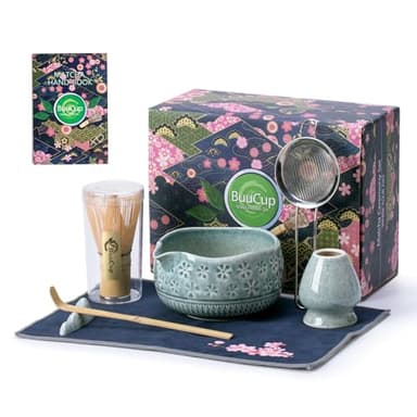 Buucup Matcha Whisk Set, Ceramic Matcha Set Includes Matcha Bowl, Matcha Whisk and Holder, Bamboo Scoop, Scoop Rest, Sifter and Tea Towel - 7 Pcs Matcha Kit for Matcha Lovers (Blue) - Image 1
