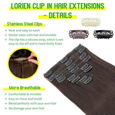 LORIEN Clip in Hair Extensions Real Human Hair, 24 Inch 120g, 2 Darkest Brown, Clip in 100% Brazilian Remy Human Hair Extensions 8pcs Per Set with 18 Clips Double Weft - Image 2
