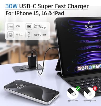 USB-C Charger 30W Super Fast Charging, Type C Block Adapter Plug Cable Cord 6ft for iPhone 17,17 Air,17 Pro,17 Pro Max, iPhone 16,16 Plus,16 Pro,16 Pro Max, iPhone 15, iPad Pro 12.9/11 - Image 5