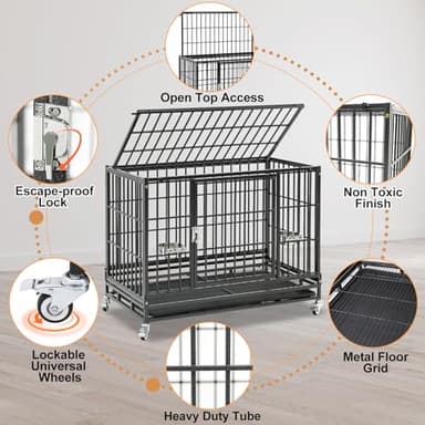 Homey Pet 37 inch Stackable Heavy Duty Dog Crate, Indestructible Escape Proof Dogs Cage Kennel with Lockable Wheels, Removable Tray & Metal Grid, Double Doors for High Anxiety Medium/Small Dogs - Image 3