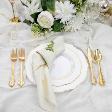 Liacere 350PCS Gold Plastic Plates-Disposable White and Gold Plates 50guest Baroque Plastic Dinnerware include 100Plates, 50Pack Pre Rolled Napkins with Silverware 50Cups for Wedding&Fall Decor - Image 2
