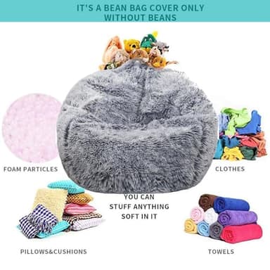 Fluffy Stuffed Animal Storage Bean Bag Chair Cover (No Filler), Faux Fur Comfy Bean Bag Cover for Organizing Plush Toys or Textile, for Adults Teens Kids Girls, Gray - Image 3