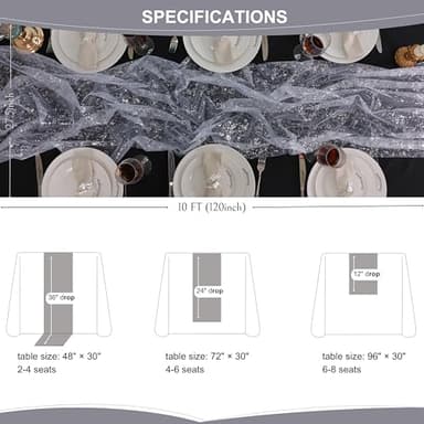 Snowkingdom 6 Pcs 10 FT Silver White Cheesecloth Table Runner Sheer Chiffon Gauze Runner, Sequin Glitter Silver Table Decoration Centerpieces for Wedding Birthday Christmas Bridal Baby Shower - Image 9