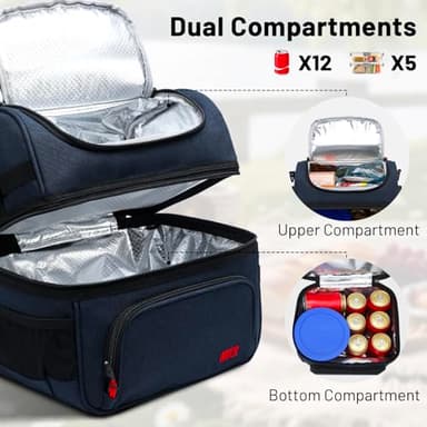 MIER Dual Compartment Lunch Bag Tote with Shoulder Strap for Men and Women Insulated Leakproof Cooler Bag, Dark Blue - Image 2