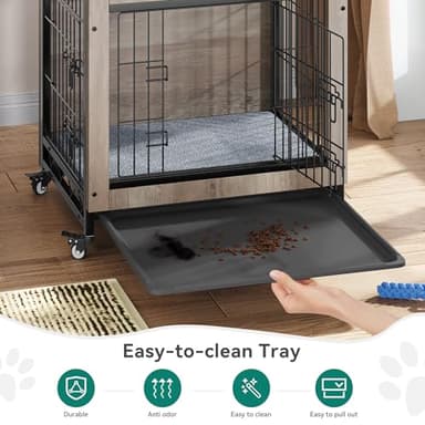 YITAHOME Dog Crate Furniture with Cushion, Kennel with Wheels, End Table with Tray, 27" Cage with Double Doors for Small Dog (Gray) - Image 5
