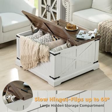 Joaxswe Farmhouse Coffee Table with Large Hidden Storage Compartment, Antique White Square Center Table, Wood Rustic Low Modern Living Room Tables with Hinged Lift Brown Top & Wooden Arc Base - Image 4