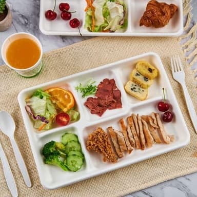 ECOLipak 100% Compostable 5 Compartment Plates, 100 Pack Disposable Compartment Paper Plates, 12.5 * 8.6 inch Biodegradable Sugarcane Plates, Eco-Friendly School Lunch Trays - Image 7