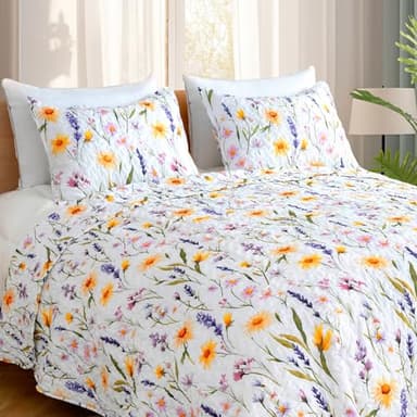 ROMROL Quilt Set Queen Size Floral Quilt Bedding Set 3 Pieces Quilted Bedspread Lightweight Coverlet Set Garden Patchwork Style Soft Reversible Quilted Sets with 2 Pillow Shams for All Season - Image 4