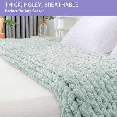 Bigacogo Chunky Knit Throw Blanket for Couch, 40x80 inches, 100% Hand Knitted with Thick Jumbo Chenille Yarn, Cozy Soft Large Rope Knot Cable Crochet Blankets for Sofa Bed Living Room, Mint - Image 4
