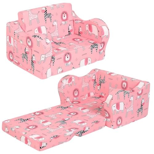 MOMCAYWEX Pink Kids Sofa, 2-in-1 Kids Couch Fold Out, Convertible Sofa to Bed for Girls and Boys - Image 1
