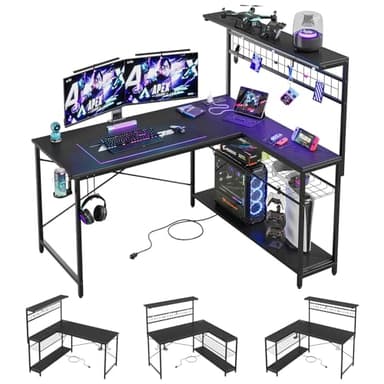 Bestier Gaming Desk 51" L-Shaped, with Power Outlets & LED Lights- 4 Tier Shelves, Reversible Gamer Table with Hooks & Cup Holder for Home Office Carbon Fiber Black - Image 7