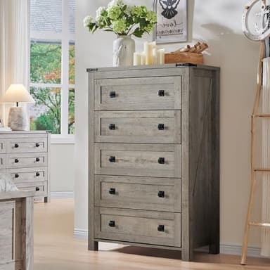 T4TREAM Farmhouse 5 Drawers Dresser Chests for Bedroom, Wood Rustic Tall Chset of Drawers,Dressers Organizer for Bedroom, Living Room,Hallway, Light Rustic Oak - Image 5