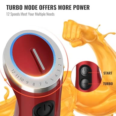 KOIOS 5-in-1 Hand Immersion Blender, 1000W 12 Speed Handheld Blender Stick with Copper Motor Stainless Steel Blade, 600ml Mixing Beaker,500ml Food Processor, Whisk, Milk Frother, Non-BPA, Red - Image 6