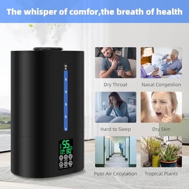 Coolfiqu 6L Humidifiers for Bedroom Large Room Home, Cool and Warm Humidifier for Plants Mist Top Fill Desk Humidifier Essential Oil Diffuser, Quiet Humidifiers with Adjustable Mist,360°Nozzle-Black - Image 5