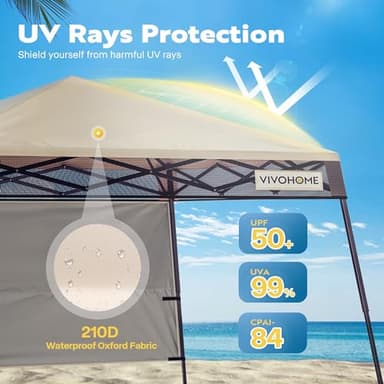 VIVOHOME 8x8ft Pop-Up Canopy Tent with Central Lock Design, Slant Legs, Backpack, and Side Wall, Portable Shelter for Camping, Party, Yard, and Beach Events, Beige - Image 4