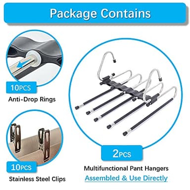 Magic Pants Hangers Space Saving - 2 Pack for Closet Multiple Layers Multifunctional Uses Rack Organizer for Trousers Scarves Slack (2 Pack with 10 Metal Clips) - Image 4