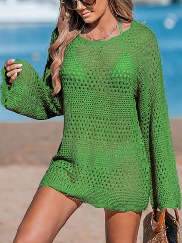CUPSHE Womens Swimsuit Crochet Cover Up Hollow Out Beach Bikini Knitted Pullover Swimwear Dress Green Large - Image 3