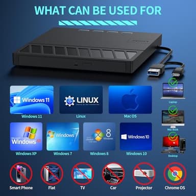 External CD/DVD Drive for Laptop – 7-in-1USB Portable CD/DVD Player Burner, High-Speed External Disk Drive with SD/TF Card Reader, 4 USB 3.0 Ports, Compatible with Windows 11/10, Linux, Mac (7 IN 1) - Image 5