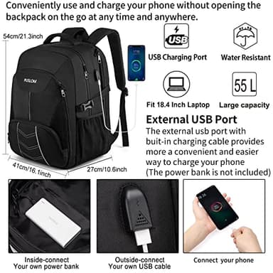 Extra Large Backpack for Men 55L,18.4Inch Travel Laptop Backpack with USB Charging Port Business Flight Approved Carry On Backpack,TSA Big Capacity Heavy Duty Computer Bag College Bookbag,Black - Image 2