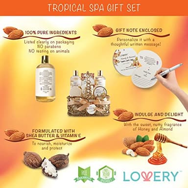 Womens Gifts, Gift Baskets for Women Who Have Everything, Home Spa Honey & Almond Scent, Luxury Bath & Body Set - Shower Gel, Bubble Bath, Body Lotion, Salts, Bath Bomb, Bath Puff & Handmade Basket - Image 6
