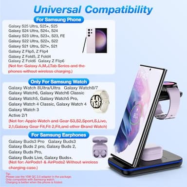 Wireless Charging Station for Samsung/Android, Fast Wireless Watch Charger Station Compatible for Samsung Galaxy S25 Ultra/S24/S23+/Z Flip 6/5 Fold 6/5, Watch8/7/Pro/Active 2 Galaxy Buds3/2 Pro(Black) - Image 2