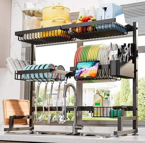 ADBIU Over The Sink Dish Drying Rack (Expandable Height and Length) Snap-On Design 2 Tier Large Dish Rack (27-40L x 12W x 32.5-37H (inches)) - Image 1