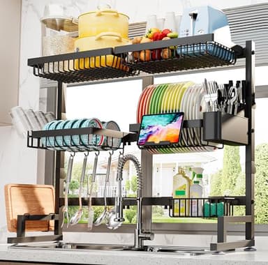ADBIU Over The Sink Dish Drying Rack (Expandable Height and Length) Snap-On Design 2 Tier Large Dish Rack (27-40L x 12W x 32.5-37H (inches)) - Image 1
