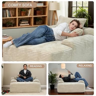 POEM PANDA 67" Oversized Chaise Lounge Reading Chair,Plush Corduroy Boneless Memory Foam Couch Sofa Beds,Lounging Chairs with Deep Large seat,No Assembly Required Cloud Comfy Couches for Living Room - Image 8