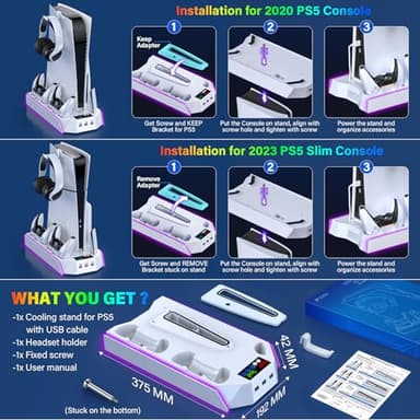 PS5/PS5-Slim-Cooling-Station-with-Controller-Charging-Station for Playstation 5 Console Disc/Digital, LED Light Cooling Stand with Cooler Fan for PS5 Accessories with 3 USB Hubs/Headset Holder - Image 6