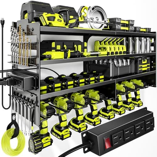 POKIPO Large Power Tool Organizer Wall Mount with Charging Station,4 Layer Heavy Duty Metal Tool Storage Rack Loads 600lbs with 8 Cordless Drill Holder,Battery Utility Rack Loads with 4 Power Strip - Image 1