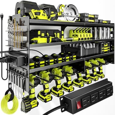 POKIPO Large Power Tool Organizer Wall Mount with Charging Station,4 Layer Heavy Duty Metal Tool Storage Rack Loads 600lbs with 8 Cordless Drill Holder,Battery Utility Rack Loads with 4 Power Strip - Image 1