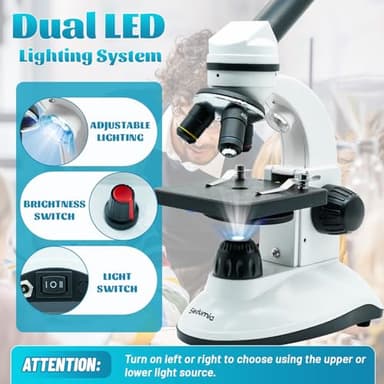 Microscope for Kids Starter Adults 64X-1280X Metal Monocular Microscope for Students School Home Education LED Lights Phone Holder Microscope Kit - Image 5