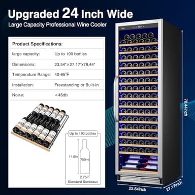 Velieta Upgraded 190 Bottles Wine Cooler Refrigerator,24 Inch Wide Wine Fridge with Professional Temperature Control System, Freestanding or Built-in installation, Quiet Operation - Image 7