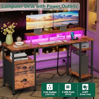 Furologee 61" Computer Desk with Power Outlet and LED Lights, Desk with Fabric File Cabinet Drawer, Large Reversible Table with Shelves and Monitor Stand, Writing Study Table for Home Office - Image 6