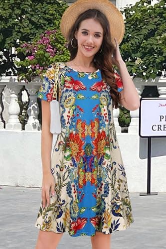 Sundresses for Women Summer Beach T Shirt Short Sleeve Floral Casual Loose Dresses(Red Blue Flower, XL) - Image 2