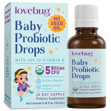 LOVEBUG Baby Probiotic Drops 0-12 Months - Organic Probiotics for Babies & Newborns, Supports Baby Gas, Colic, Diarrhea and Infant Constipation Relief, Sugar-Free, Tasteless Liquid, 10ml - Image 1