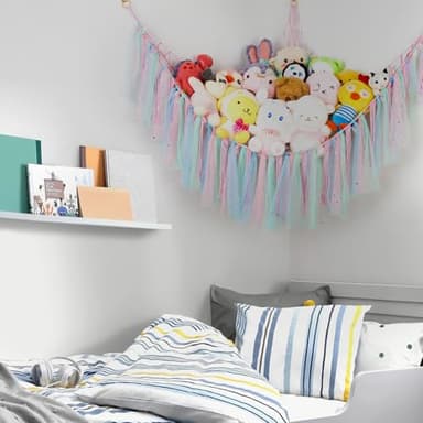 Stuffed Animal Hammock with LED Lights - 59 Inch Large Toy Storage Net for Kids Bedroom, Wall-Mounted Plush Organizer with Wooden Rings, Nursery Decor (Handwoven, Pink) - Image 6