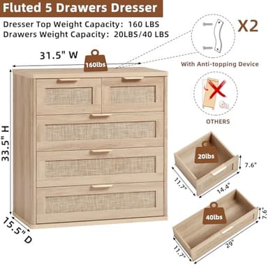 LEYAOYAO Rattan Dresser for Bedroom, 33.5" Tall Chest of Drawers, Modern 5 Drawers Boho Dressers with Storage, Light Oak Dresser Wooden Closet Organizer for Living Room, Hallway, Natural Wood - Image 3