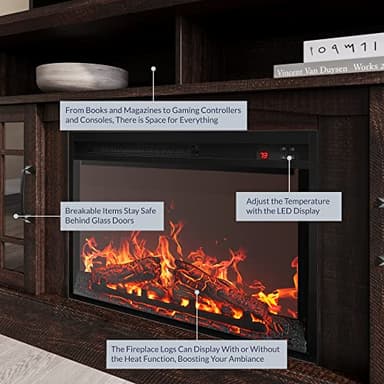 BELLEZE Traditional 58" Rustic TV Stand with 23" Electric Fireplace Heater with Sound, Media Entertainment Center Console Table for TV up to 65" with Open Storage Shelves and Cabinets - Espresso - Image 3