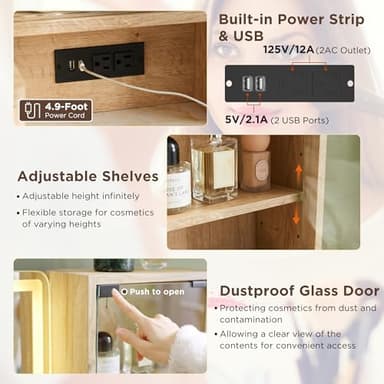 T4TREAM 48" Fluted Makeup Vanity Desk with Large 36" Mirror and Lights, Modern Glass Top Big Vanity Table with 5 Drawers & Adjustable Shelves, Dressing Table Set w/Charging Station for Bedroom, Oak - Image 7