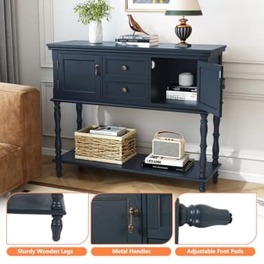 ARTPOWER Console Table with 2 Drawers, Retro Entryway Table with 2 Door Cabinets and Open Storage Shelf, Narrow Long Behind Couch Sofa Table for Living Room, Foyer, Hallway, Blue - Image 8