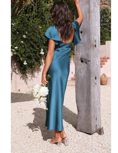 Summer Satin Flutter Sleeve Wedding Guest Dresses for Women Sweetheart Neckline Cutout Tie Back Midi Cocktail Dress Teal - Image 5