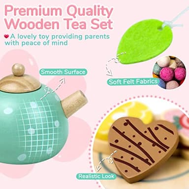 Wooden Tea Set for Little Girls Play Food Pretend Play Kitchen Accessories for 3 4 5 Years Old Girls and Boys Toddler Princess Tea Time Party Food Toys - Image 2