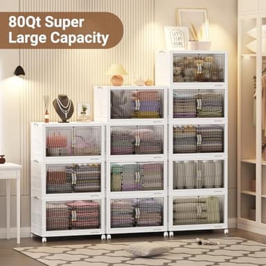 BROVIEW 320Qt Stackable Storage Bins with Lid, Closet Organizer and Storage Drawer, Collapsible Storage Box with Wheels, Plastic Clothes Storage Cabinet Containers for Home Organization, 4Pack White - Image 6