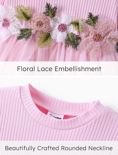 PATPAT Baby Girl Dress Ribbed Long-Sleeve Splicing Floral Embroidered Mesh Dress Soft Pink 3-6 Months - Image 5
